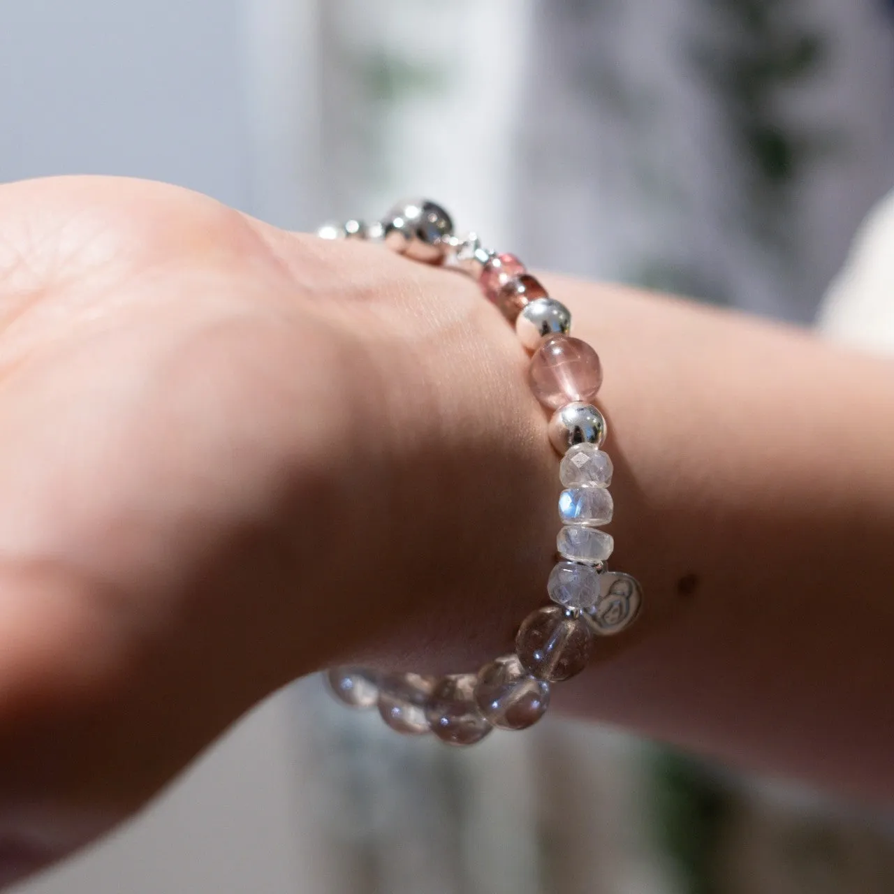 The Moon Dew - Rainbow Moonstone Star Rose Quartz Bracelet