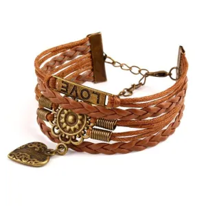 Vintage Alloy Flower Heart Buckle Mens Leather Woven Bracelets LOVE Multilayer Faux Bracelets Summer Style Women Jewellry