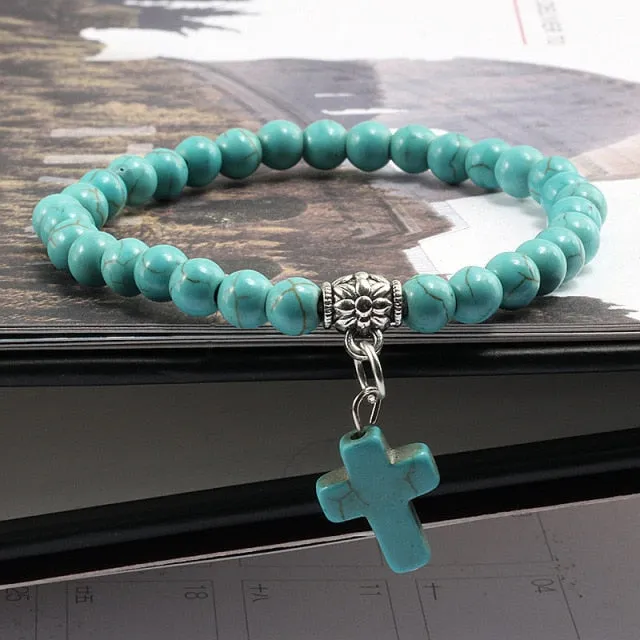 Vintage Cross Natural Stone 6mm Beads Bracelet Charm Men Blue Turquoises Pendant Strand Bracelets Bangles Women Fashion Jewelry