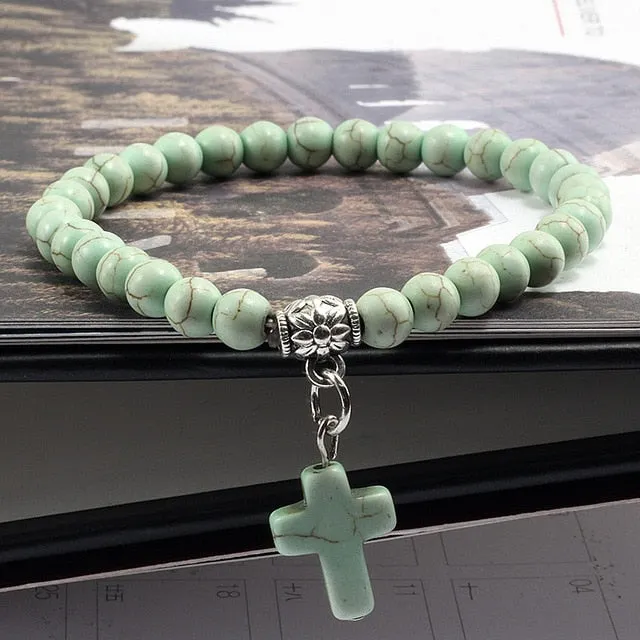 Vintage Cross Natural Stone 6mm Beads Bracelet Charm Men Blue Turquoises Pendant Strand Bracelets Bangles Women Fashion Jewelry