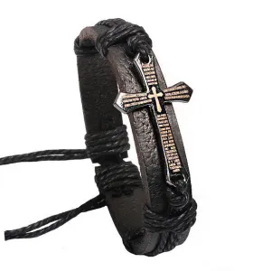 Vintage Leather Metal Cross Jesus Bracelet Adjustable Wax Cord