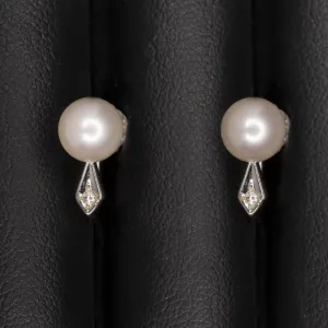 VINTAGE PEARL DIAMOND 14k WHITE GOLD EARRINGS RETRO ESTATE STUD GIFT CLASSIC