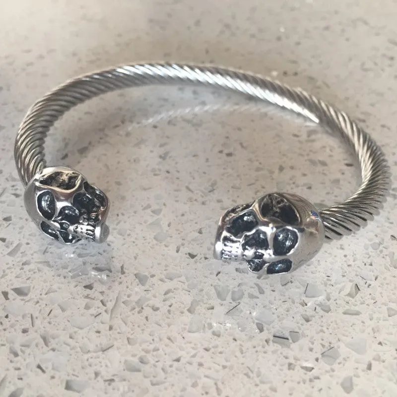 Vintage Silver Punk Skull Stainless Steel Bracelet Mens &Women Gothic Jewelry Open Bangle Fashion Jewelry Gifts