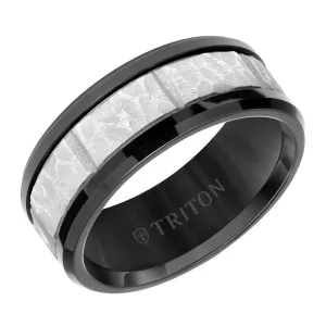 WHIT Black Tungsten Sandblasted Hammered Grooved Center Wedding Ring with Polished Beveled Edges by Triton Rings - 9mm