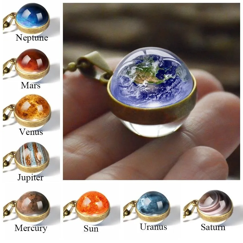 Women Double Side Glass Ball Earth Planet Galaxy Astronomy Pendant Necklaces