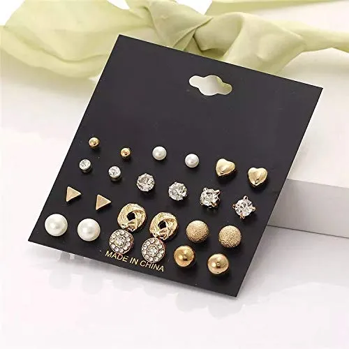 Yellow Chimes Combo of 12 Pairs/Set Multi Stylish Crystal Pearl's Heart Shape Gold Plated Stud Earrings For Women and Girl's