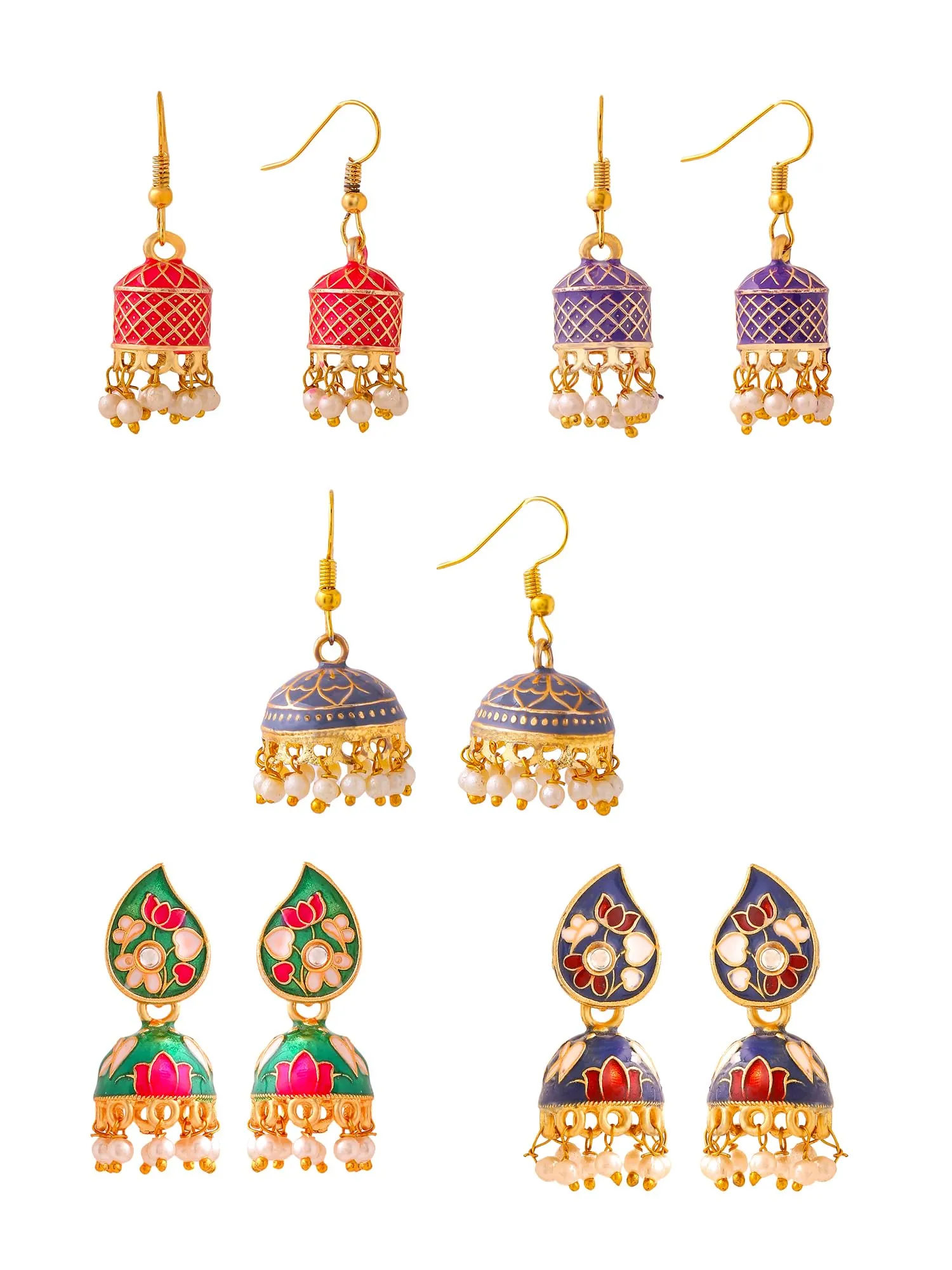 Yellow Chimes Meenakari Jhumka Earrings for Women | Traditional Jhumki Earrings Set for Girls | Combo of 5 Pairs Jhumkas Ethnic Gold Plated Women Earrings | Birthday Gift For Girls